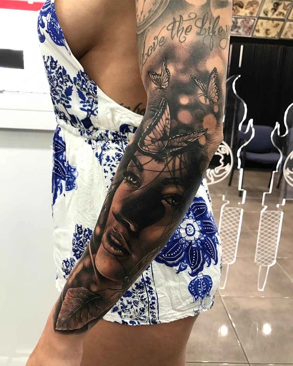 Realism Portrait, Butterfly tattoo on Full Sleeve