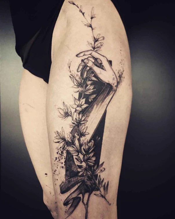 Sketch Hand, Botanic tattoo on Thigh