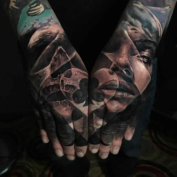 Realism Face, Playing cards tattoo on Hand