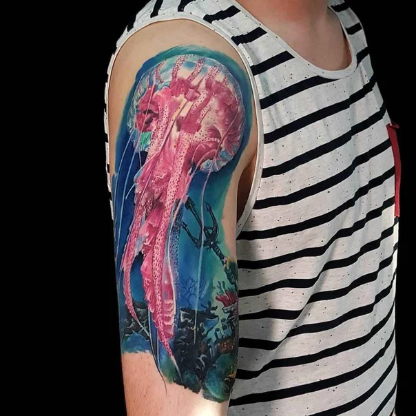 Realism Jellyfish, Underwater tattoo on Full Sleeve