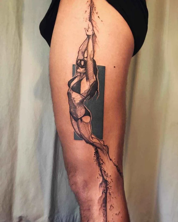 Sketch Figure, Water tattoo on Thigh