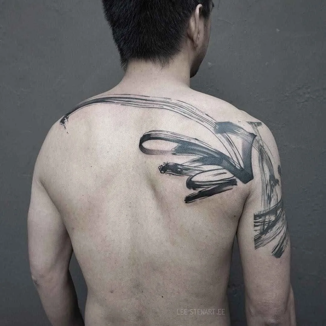 Tattoo artist Lee Stewart blackwork abstract tattoo in auhors brushstroke style | London