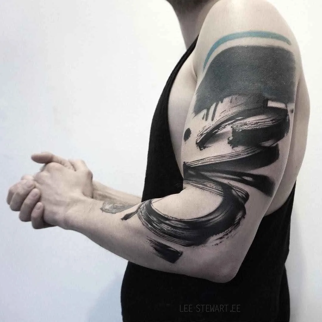 Tattoo artist Lee Stewart blackwork abstract tattoo in auhors brushstroke style | London