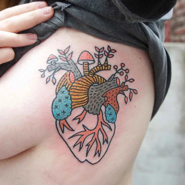 Illustrative Heart, Botanic tattoo on Chest