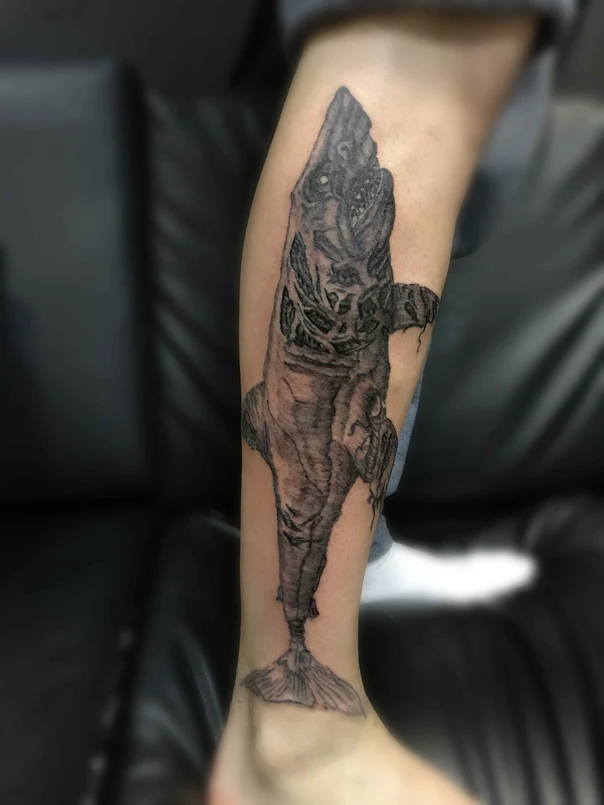 Чёрно-серая Shark tattoo на Икра