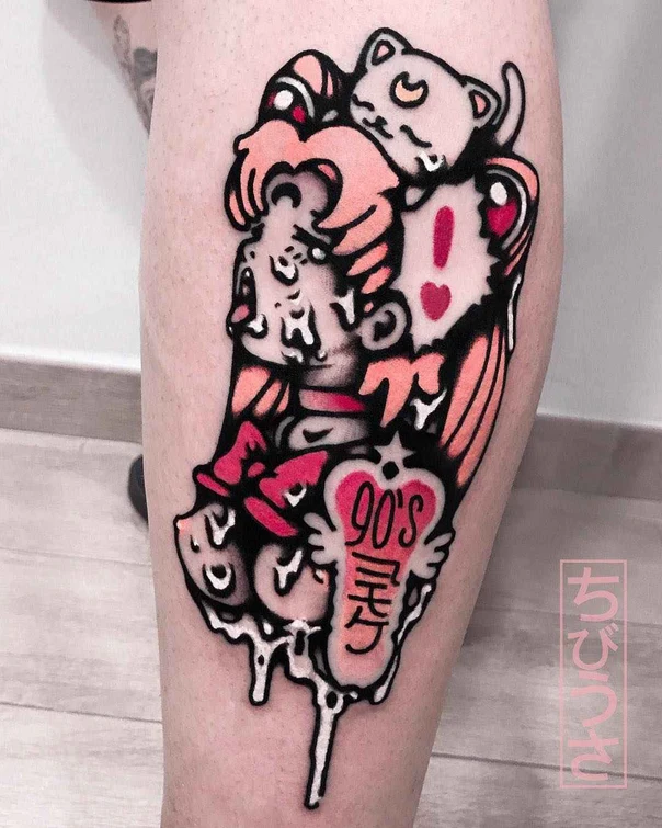 Anime Anime character, Cat tattoo on Calf