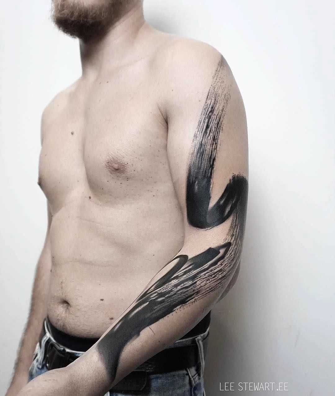 Tattoo artist Lee Stewart blackwork abstract tattoo in auhors brushstroke style | London
