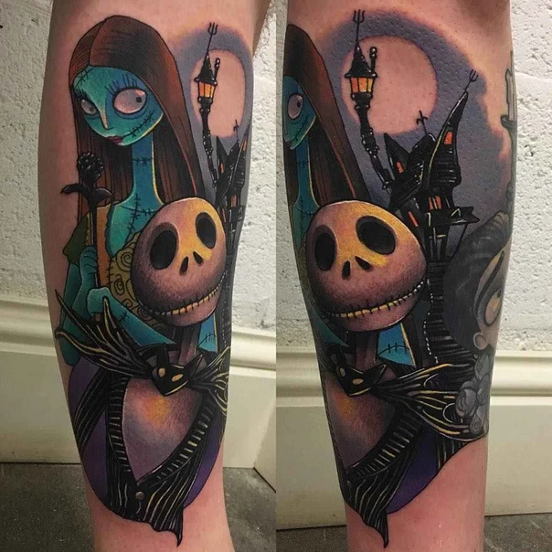 Illustrative Jack skellington, Sally tattoo on Calf
