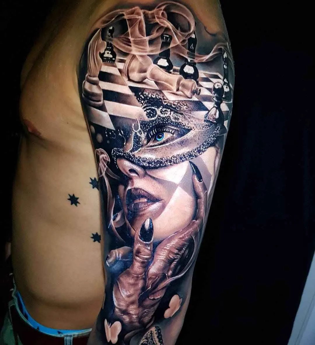 Artista di tatui Benji Roketlauncha Ortega crea stili neri e grigi e realismo del ritratto a colori, surrealismo | Sydney, Australia