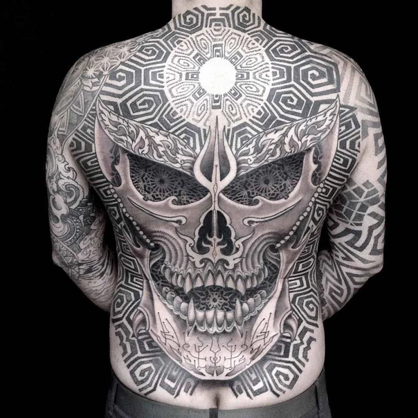 Black & Grey Skull, Geometric tattoo on Full Back