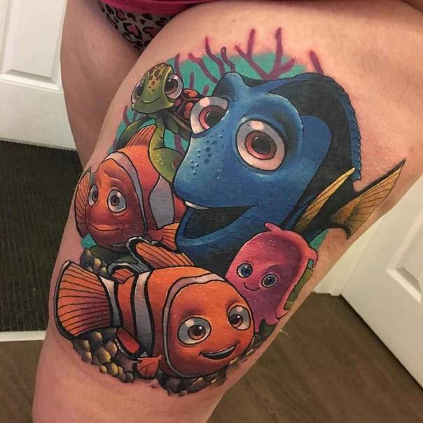 Cartoon Fish, Sea turtle tattoo on Thigh