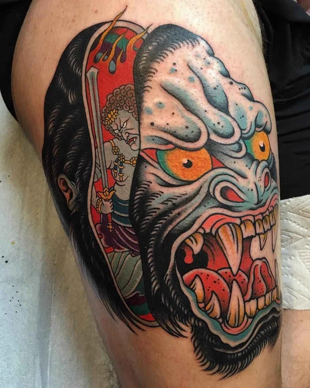 Neo Traditional Gorilla, Demon tattoo on Thigh