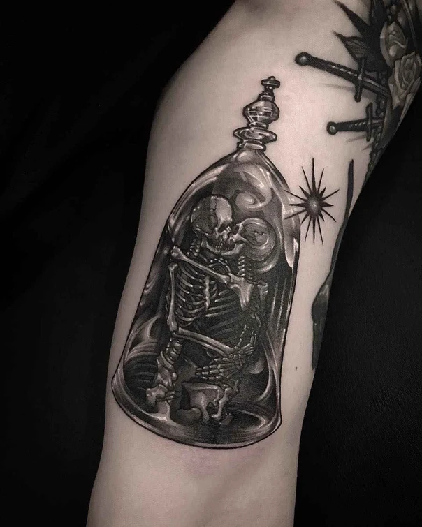 Black & Grey Skeleton, Glass tattoo on Bicep
