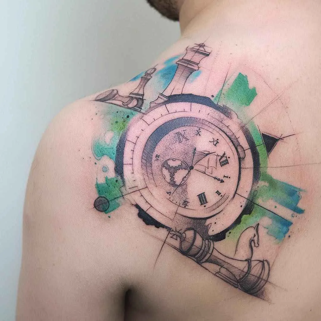 Tattoo artist Baris Yesilbas color athors style watercolor tattoo with geometry and realistic elements | Turkey, United States