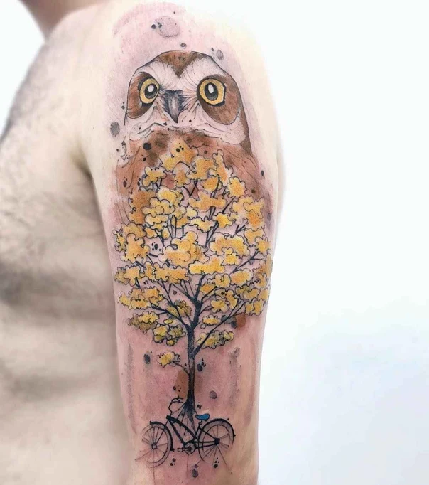 Watercolor Owl, Tree tattoo on Upper Arm