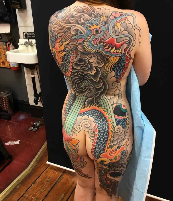 Japanese Dragon, Clouds tattoo on Full Back