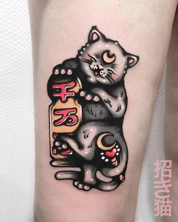 Neo Traditional Cat, Japanese tattoo on Thigh