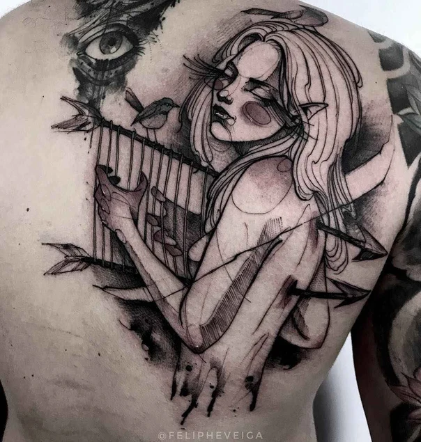 Sketch Woman, Bird tattoo on Upper Back