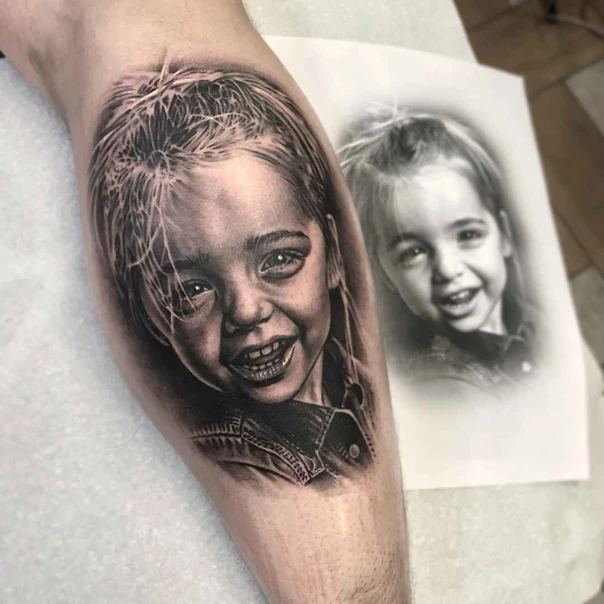 Realism Portrait, Child tattoo on Calf