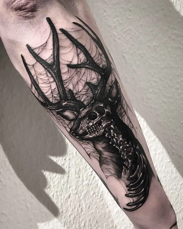 Blackwork Deer, Skull tattoo on Forearm