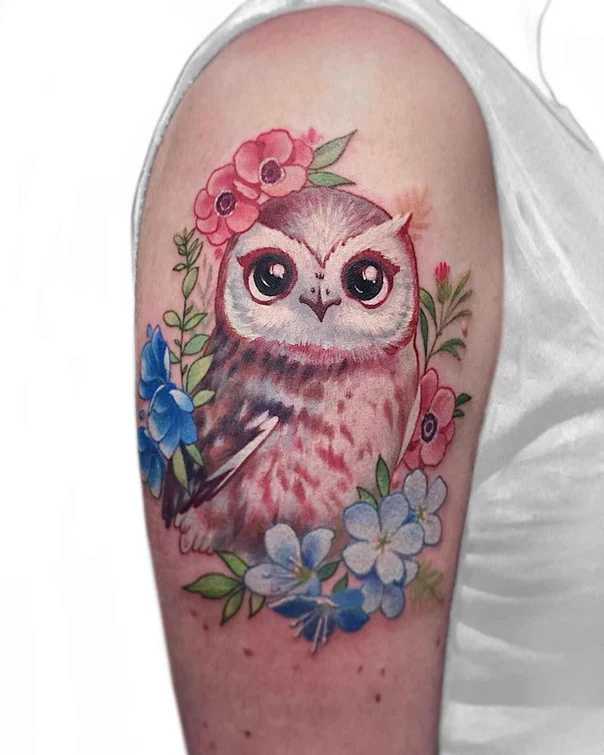 Illustrative Owl, Flowers tattoo on Upper Arm
