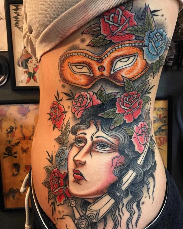 Neo Traditional Mask, Roses tattoo on Side