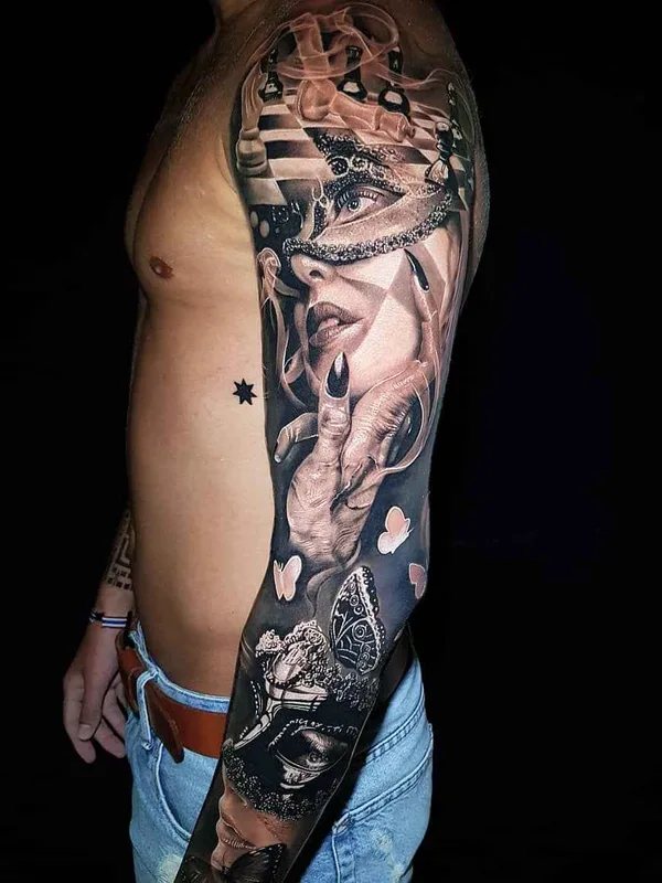 male black and grey realism 纹身 在 full sleeve #18200 | 纹身师 Benji Roketlauncha Ortega