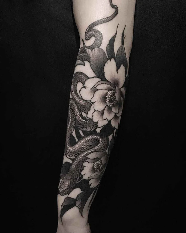 Black & Grey Snake, Flower tattoo on Forearm