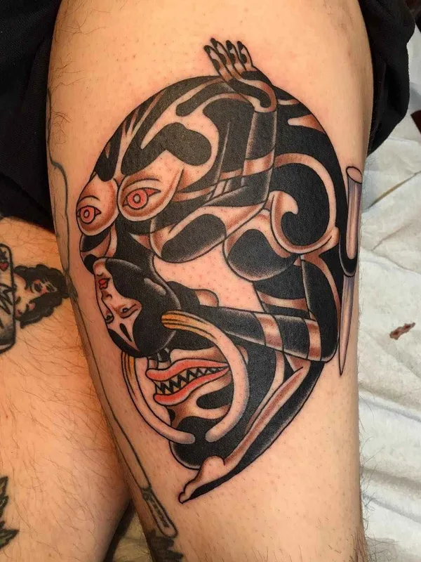 black and grey neo traditional tattoo on thigh #18778 | Tattoo Artist Gregory Whitehead