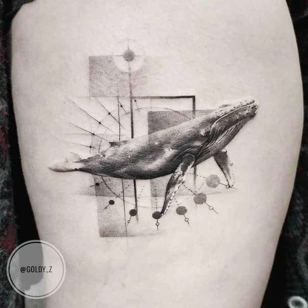 Black & Grey Whale, Geometric tattoo on Thigh