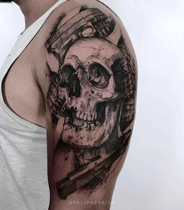 Black & Grey Skull, Guns tattoo on Upper Arm