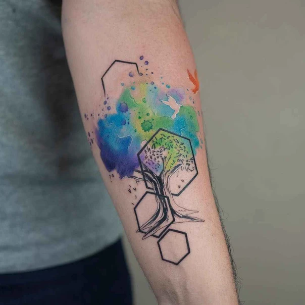 Watercolor Tree, Bird tattoo on Forearm