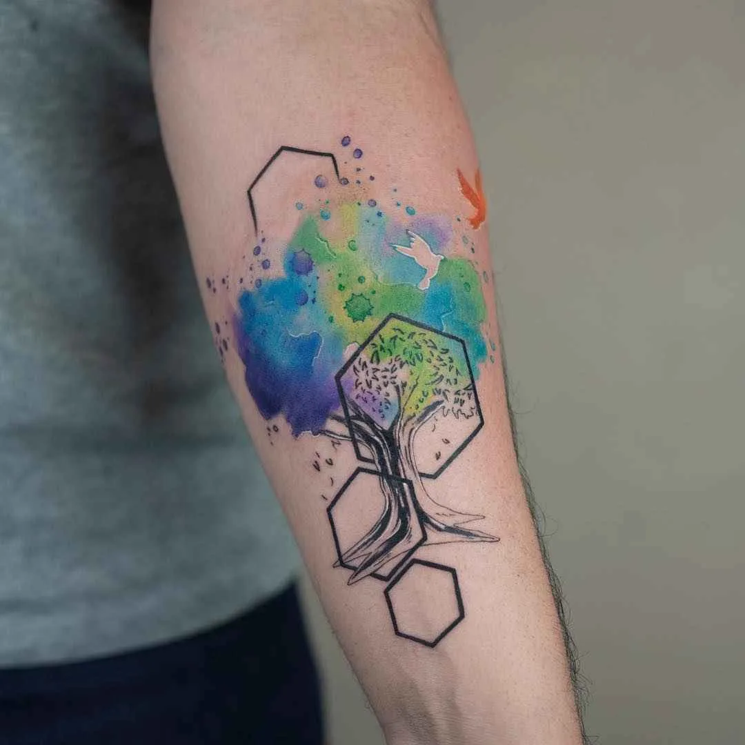 Tattoo artist Baris Yesilbas color athors style watercolor tattoo with geometry and realistic elements | Turkey, United States
