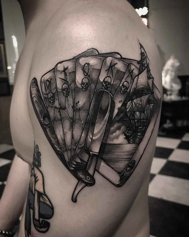 Black & Grey Playing cards, Skull tattoo on Shoulder
