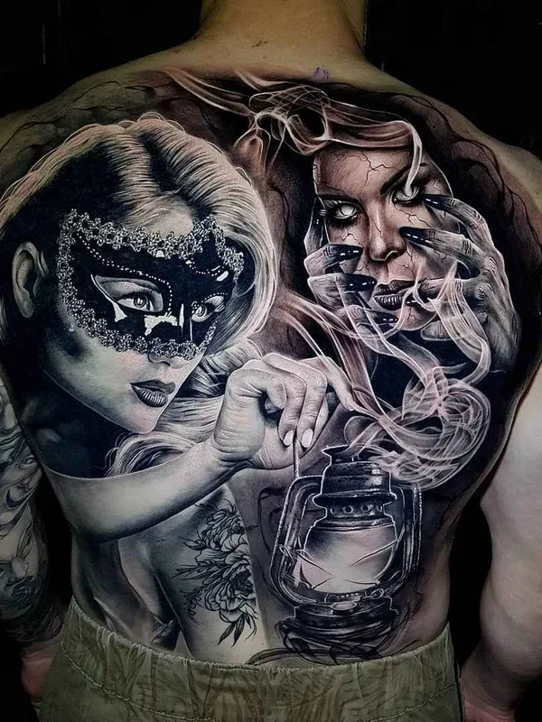 male black and grey realism 纹身 在 full back #18207 | 纹身师 Benji Roketlauncha Ortega