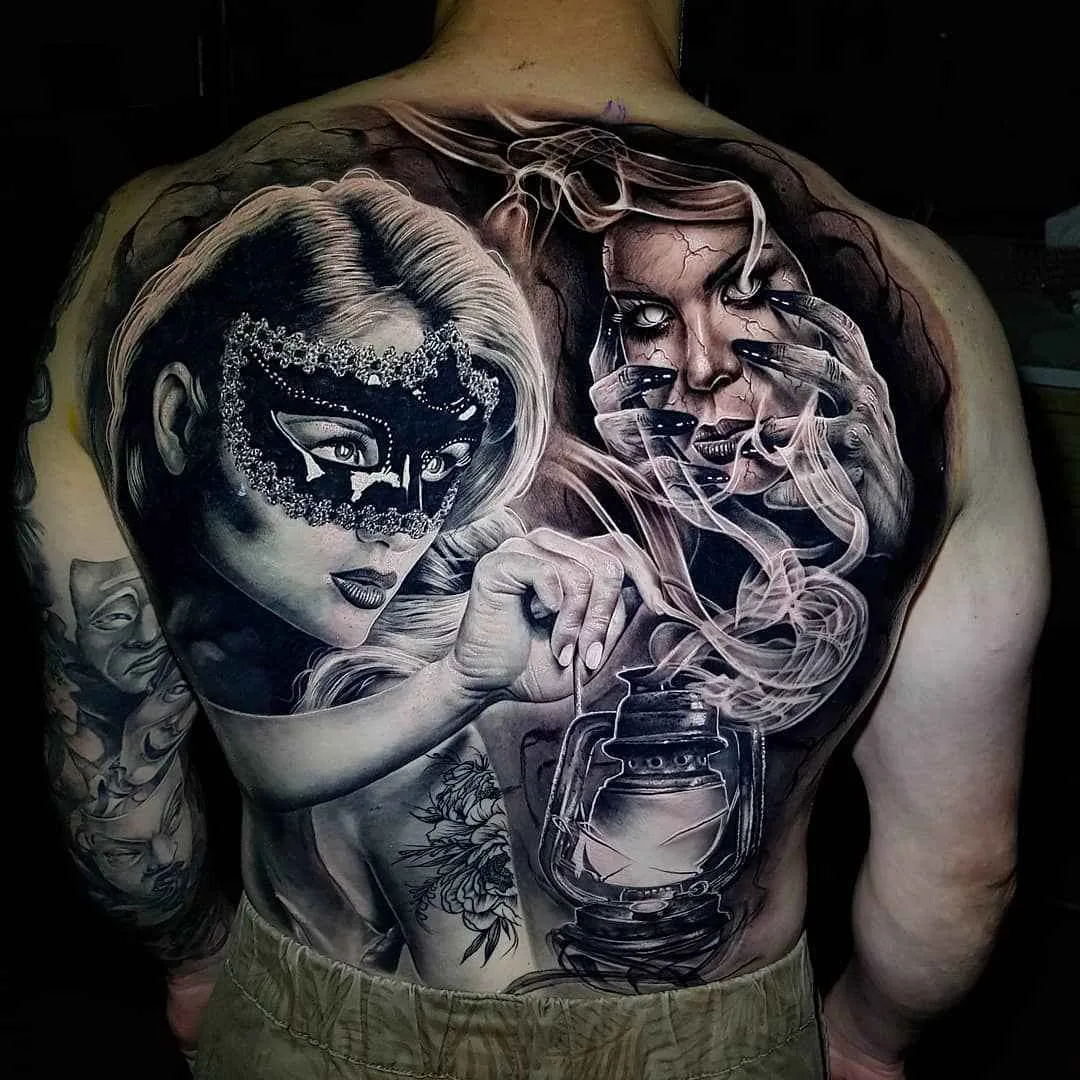 Artista di tatui Benji Roketlauncha Ortega crea stili neri e grigi e realismo del ritratto a colori, surrealismo | Sydney, Australia