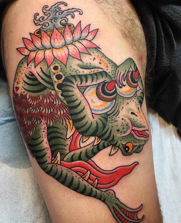 Traditional Frog, Lotus tattoo on Thigh