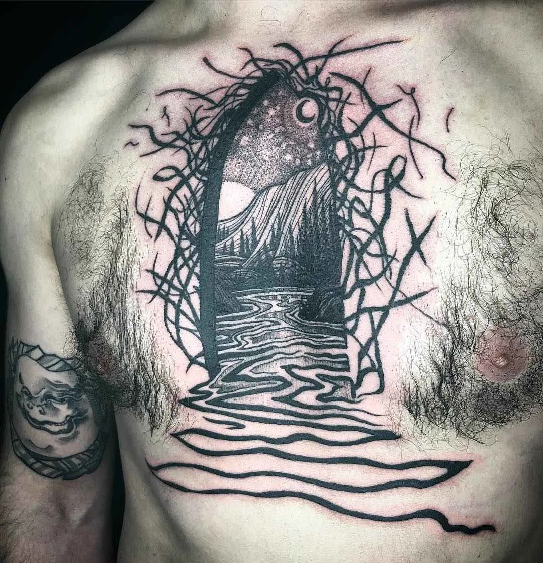 Tattoo artist Noel'le Longhaul (Loone) authors blackwork tattoo, witch, horror, etching, engraving | USA