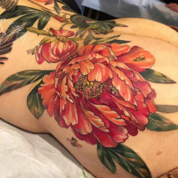 Watercolor Flower, Bee tattoo on Back