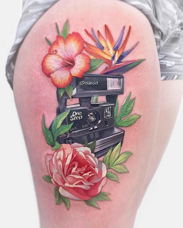 Realism Camera, Flowers tattoo on Thigh