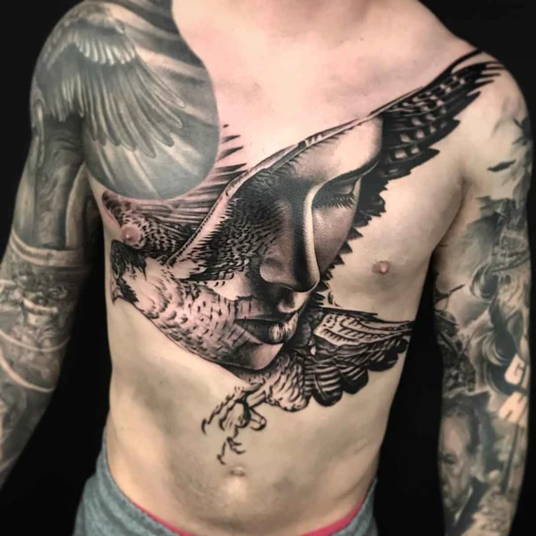 Realism Bird, Face tattoo on Chest