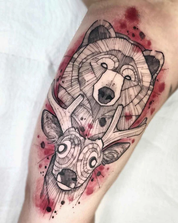 Illustrative Bear, Deer tattoo on Forearm