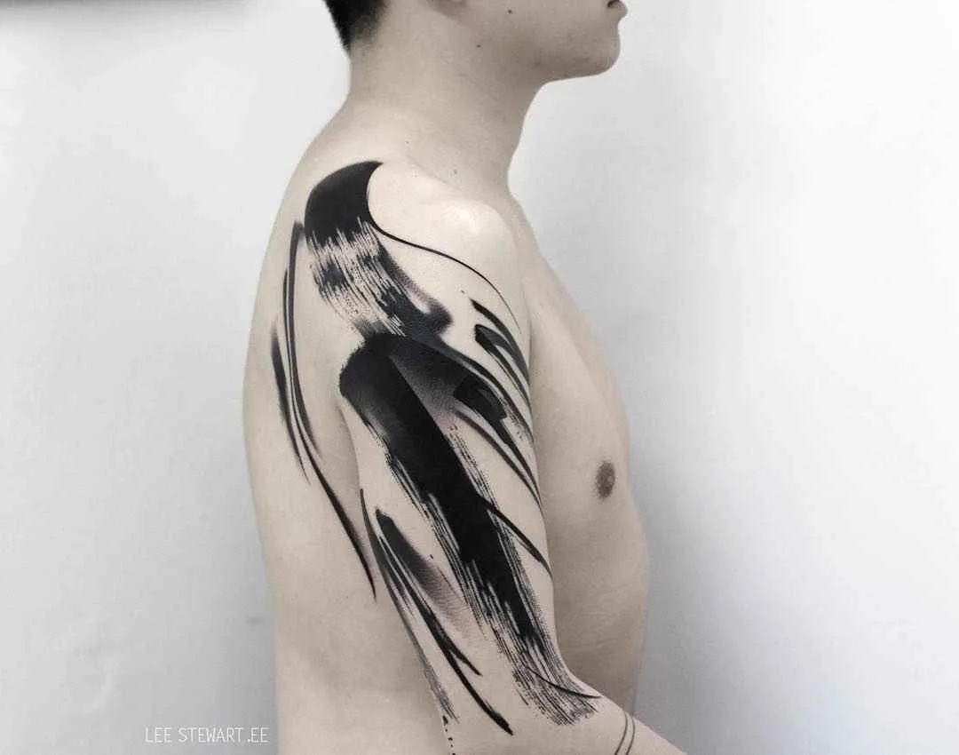 Tattoo artist Lee Stewart blackwork abstract tattoo in auhors brushstroke style | London
