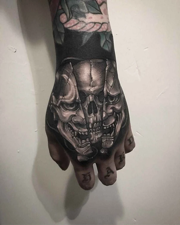Black & Grey Skull, Demon tattoo on Back of Hand