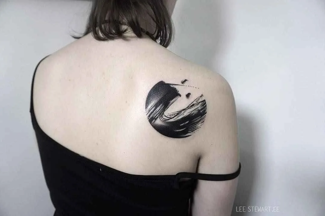 Tattoo artist Lee Stewart blackwork abstract tattoo in auhors brushstroke style | London