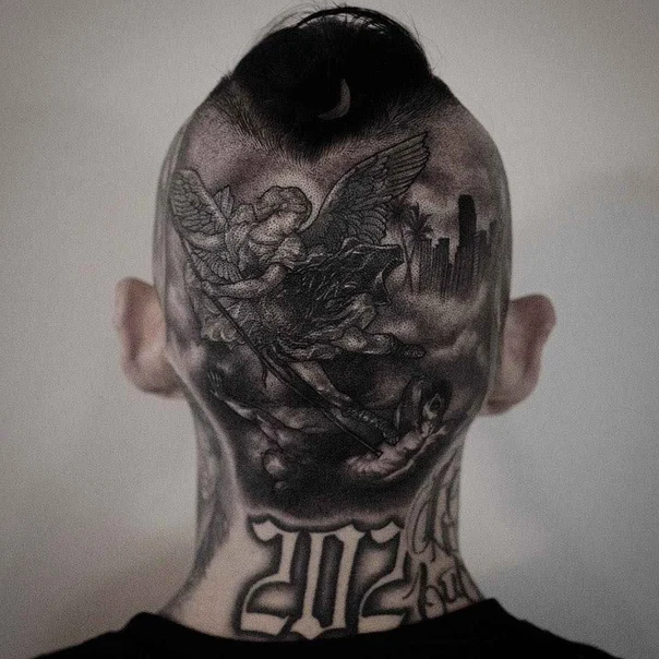 Black & Grey Angel, Cityscape tattoo on Back of neck
