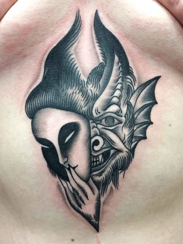 black and grey blackwork 纹身 在 sternum #18739 | 纹身师 Marcin Aleksander Surowiec