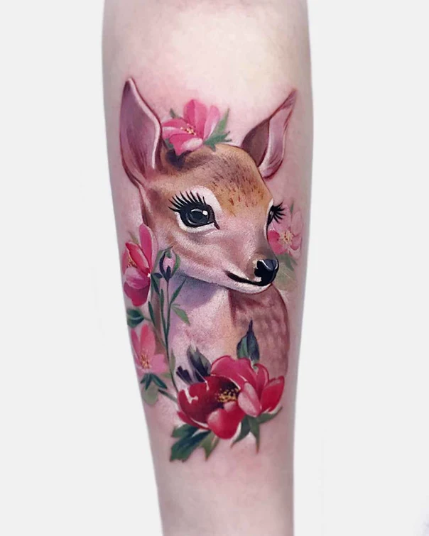 Realism Deer, Flowers tattoo on Forearm