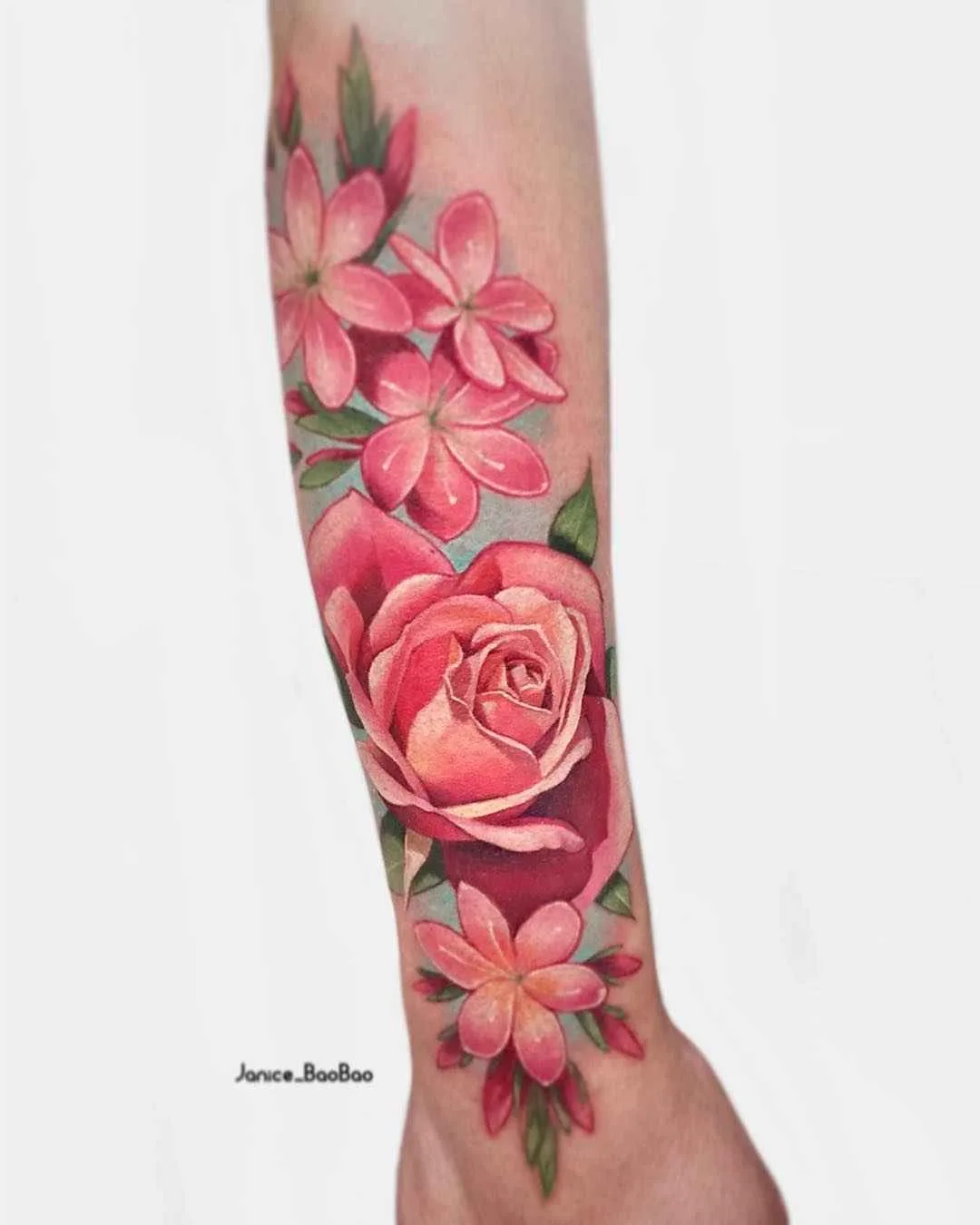 Tattoo artist Janice Bao Bao color authors style illustrative neo traditional tattoo for girls, flowers | Canada
