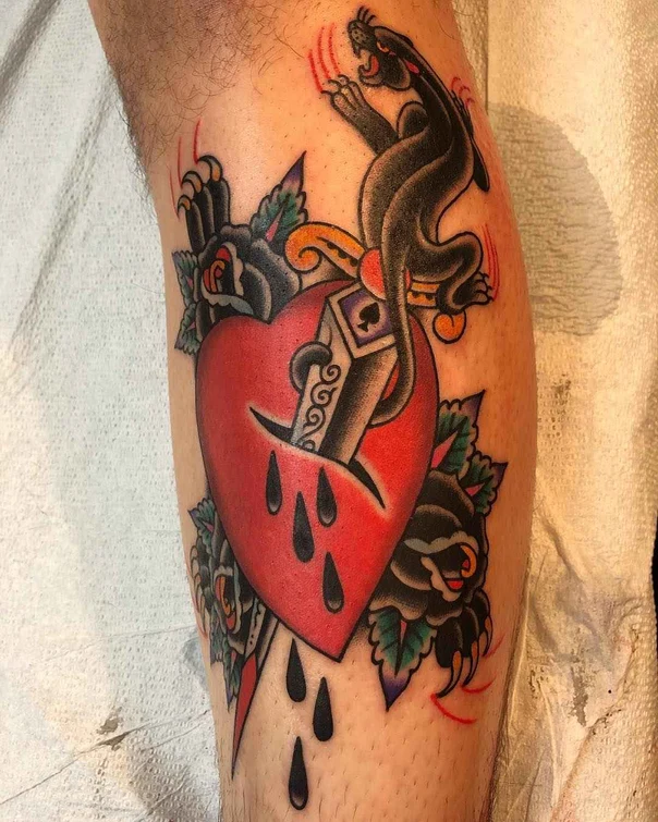 Traditional Heart, Dagger tattoo on Calf